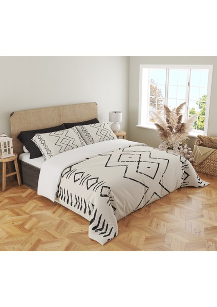 Geometrik Desen Baskılı Çift Kişilik 200X220 cm 2 Adet 50X70CM Nevresim Takımı - Beyaz