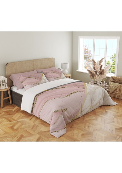 Pembe Mermer Desen Baskılı Çift Kişilik 200X220 cm 2 Adet 50X70CM Nevresim Takımı - Pembe