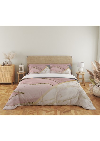 Pembe Mermer Desen Baskılı Çift Kişilik 200X220 cm 2 Adet 50X70CM Nevresim Takımı - Pembe