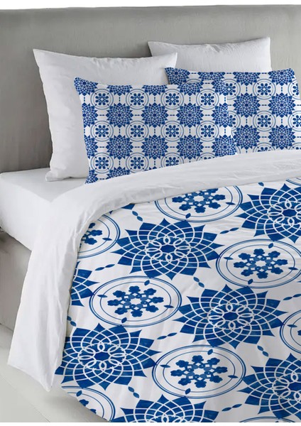 Mavi Çiçek Desen Baskılı Çift Kişilik 200X220 cm Nevresim Takımı - Beyaz