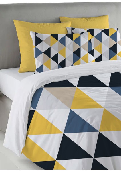Sarı, Mavi ve Siyah Üçgen Desen Baskılı Çift Kişilik 200X220 cm Nevresim Takımı - Renkli