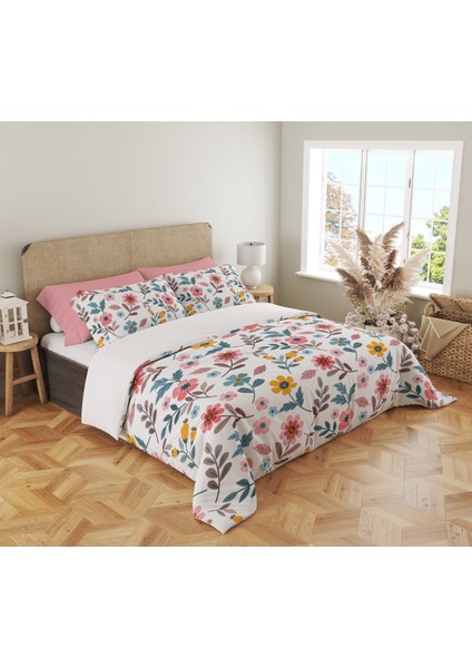 Renkli Çiçek Desen Baskılı Çift Kişilik 200X220 cm Nevresim Takımı - Beyaz