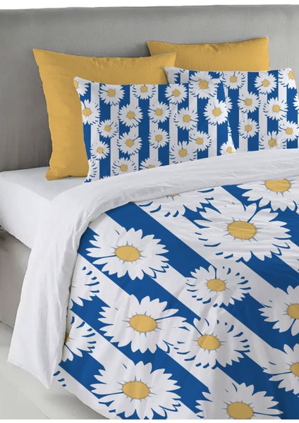 Mavi Beyaz Çizgi Papatya Desen Baskılı Çift Kişilik 200X220 cm Nevresim Takımı - Mavi