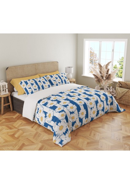 Mavi Beyaz Çizgi Papatya Desen Baskılı Çift Kişilik 200X220 cm Nevresim Takımı - Mavi fiyatları