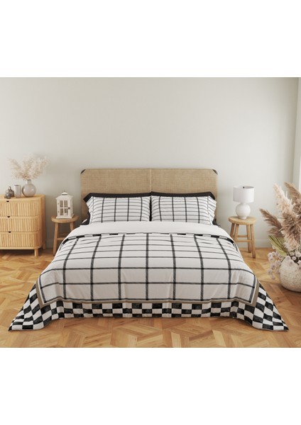 Geometrik Desen Baskılı Çift Kişilik 200X220 cm 2 Adet 50X70CM Nevresim Takımı - Beyaz