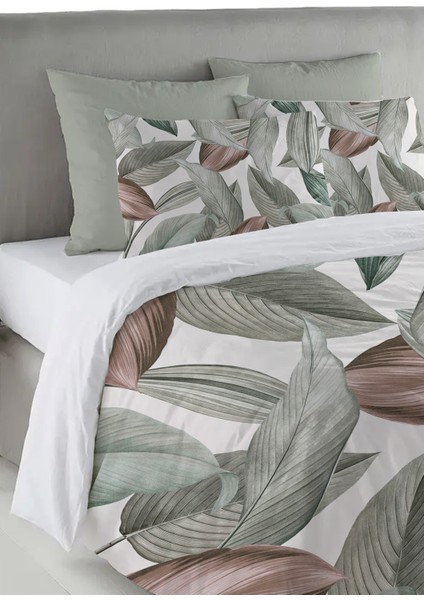 Yeşil ve Kahverengi Yaprak Desen Baskılı Çift Kişilik 200X220 cm Nevresim Takımı - Beyaz