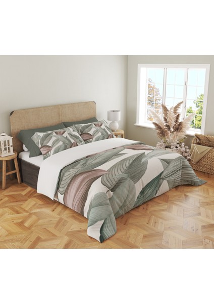 Yeşil ve Kahverengi Yaprak Desen Baskılı Çift Kişilik 200X220 cm Nevresim Takımı - Beyaz fiyatları