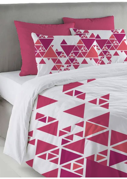 Pembe Üçgen Desen Baskılı Çift Kişilik 200X220 cm Nevresim Takımı - Pembe