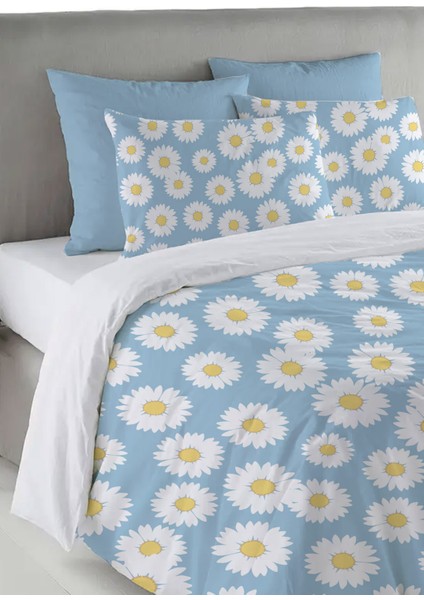 Papatya Desen Baskılı Çift Kişilik 200X220 cm Nevresim Takımı - Mavi