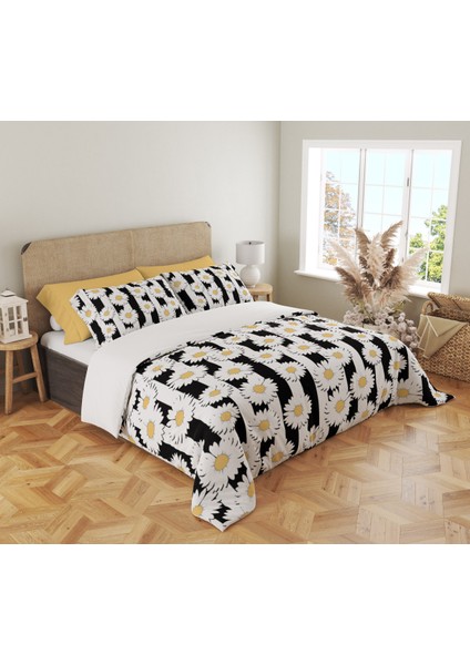 Siyah Çizgili Papatya Desen Baskılı Çift Kişilik 200X220 cm ÇARŞAFSIZ Nevresim Takımı - Siyah ve Beyaz fiyatları