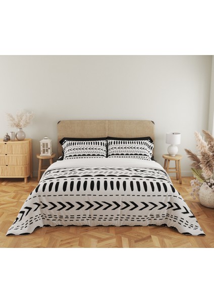 Geometrik Desen Baskılı Çift Kişilik 200X220 cm 2 Adet 50X70CM Nevresim Takımı - Beyaz