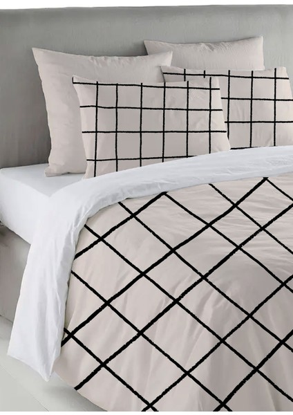 Siyah Kare Desen Baskılı Çift Kişilik 200X220 cm Nevresim Takımı - Krem