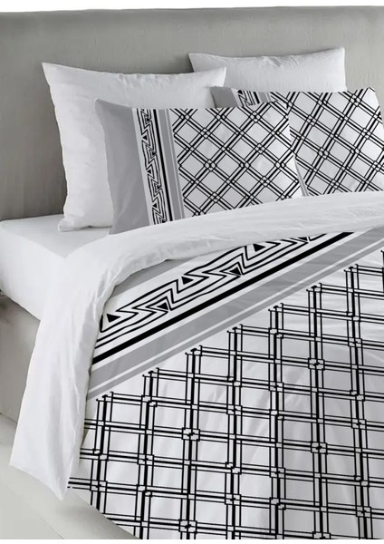 Geometrik Siyah Desen Baskılı Çift Kişilik 200X220 cm Nevresim Takımı - Beyaz