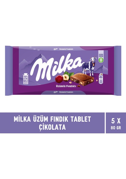 Üzüm Fındık Tablet Çikolata 80 gr - 5 Adet