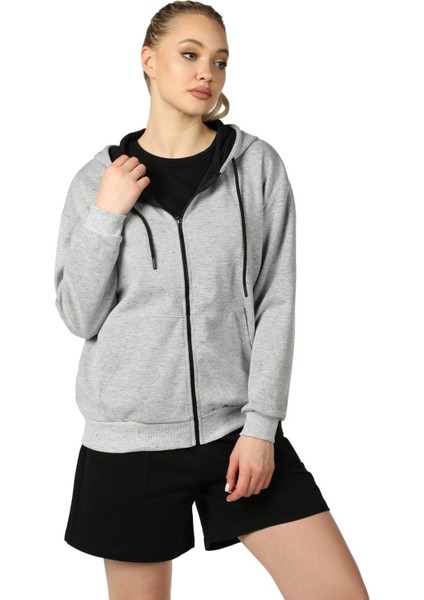 Kadın Kapüşonlu Fermuarlı Oversize Kalıp Sweatshirt Kırçıllı Gri Melanj