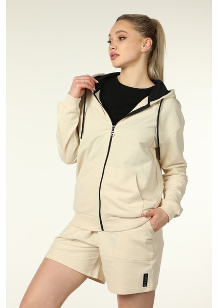 Kadın Kapüşonlu Fermuarlı Oversize Kalıp Sweatshirt Bej