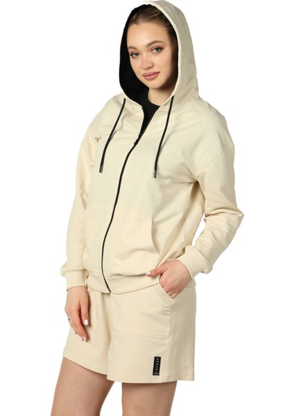 Kadın Kapüşonlu Fermuarlı Oversize Kalıp Sweatshirt Bej