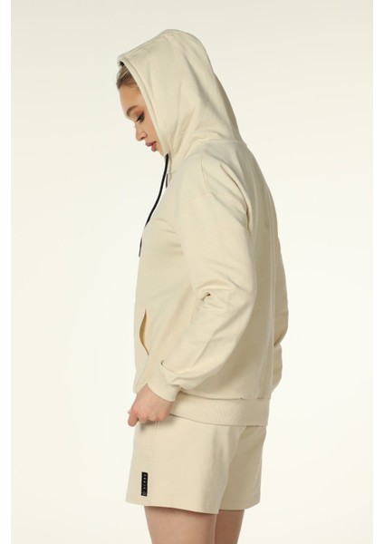 Kadın Kapüşonlu Fermuarlı Oversize Kalıp Sweatshirt Bej