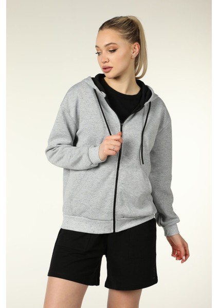 Kadın Kapüşonlu Fermuarlı Oversize Kalıp Sweatshirt Kırçıllı Gri Melanj