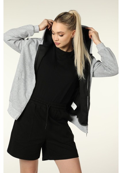 Kadın Kapüşonlu Fermuarlı Oversize Kalıp Sweatshirt Kırçıllı Gri Melanj