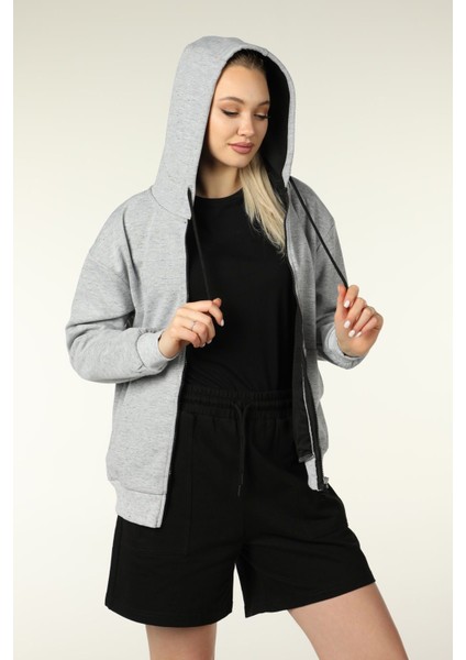 Kadın Kapüşonlu Fermuarlı Oversize Kalıp Sweatshirt Kırçıllı Gri Melanj