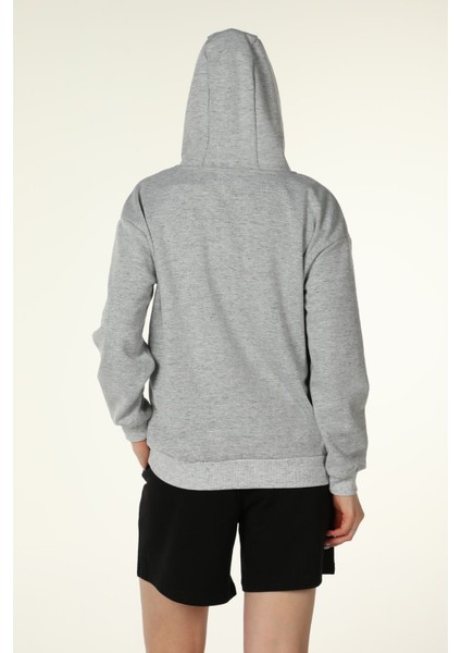 Kadın Kapüşonlu Fermuarlı Oversize Kalıp Sweatshirt Kırçıllı Gri Melanj