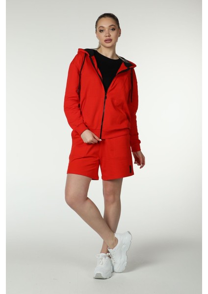 Kadın Kapüşonlu Fermuarlı Oversize Kalıp Sweatshirt Kırmızı