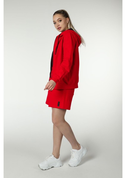 Kadın Kapüşonlu Fermuarlı Oversize Kalıp Sweatshirt Kırmızı