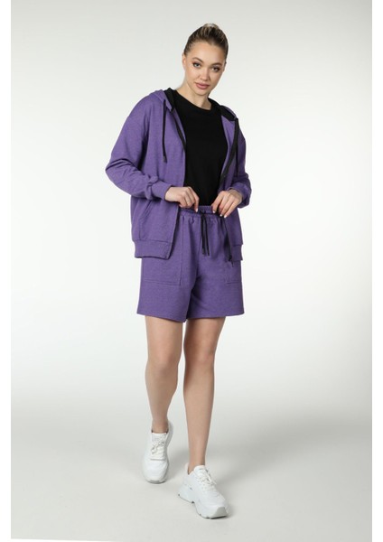 Kadın Kapüşonlu Fermuarlı Oversize Kalıp Sweatshirt Mor fiyatları