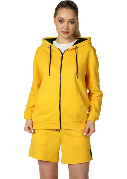 Kadın Kapüşonlu Fermuarlı Oversize Kalıp Sweatshirt Sarı