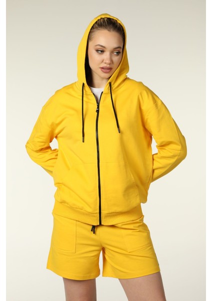 Kadın Kapüşonlu Fermuarlı Oversize Kalıp Sweatshirt Sarı fiyatları