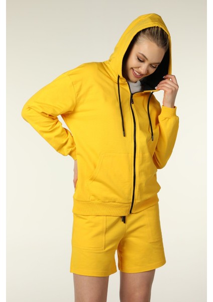 Kadın Kapüşonlu Fermuarlı Oversize Kalıp Sweatshirt Sarı modelleri