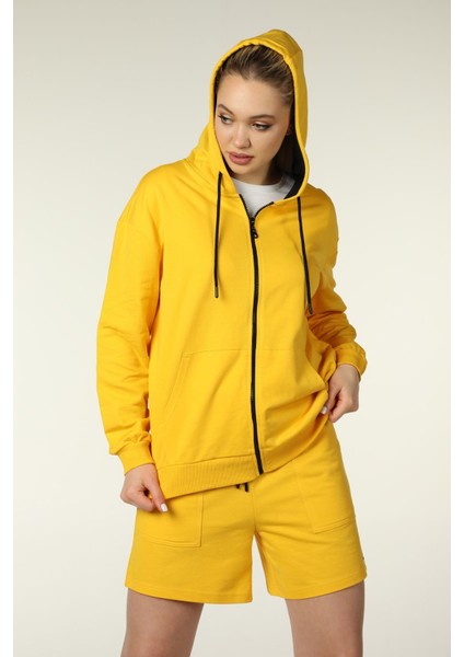 Kadın Kapüşonlu Fermuarlı Oversize Kalıp Sweatshirt Sarı fırsatları