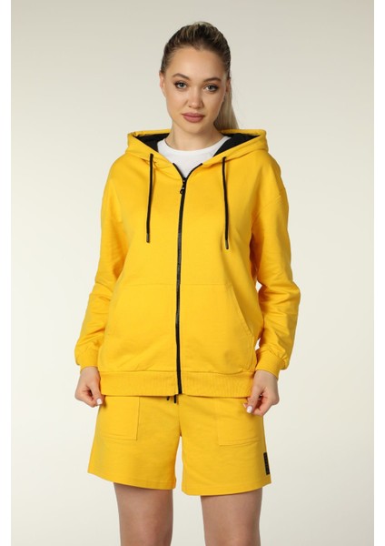 Kadın Kapüşonlu Fermuarlı Oversize Kalıp Sweatshirt Sarı indirimleri