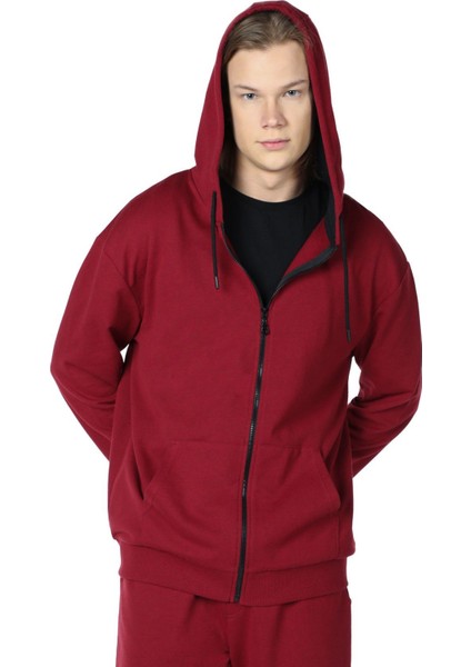 Erkek Kapüşonlu Fermuarlı Oversize Kalıp Sweatshirt Bordo