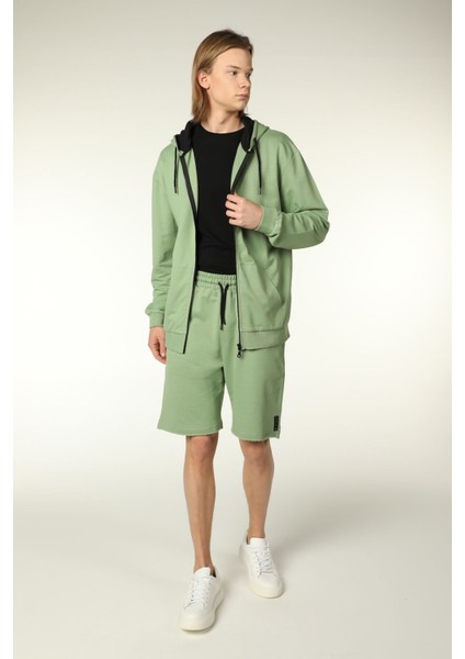 Erkek Kapüşonlu Fermuarlı Oversize Kalıp Sweatshirt Haki Yeşil