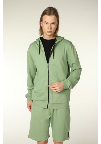 Erkek Kapüşonlu Fermuarlı Oversize Kalıp Sweatshirt Haki Yeşil