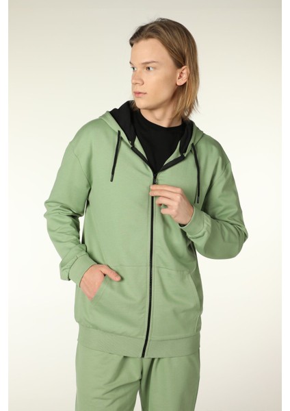Erkek Kapüşonlu Fermuarlı Oversize Kalıp Sweatshirt Haki Yeşil modelleri