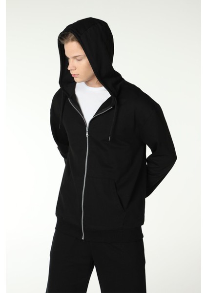 Erkek Kapüşonlu Fermuarlı Oversize Kalıp Sweatshirt Siyah
