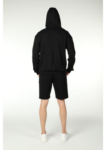 Erkek Kapüşonlu Fermuarlı Oversize Kalıp Sweatshirt Siyah