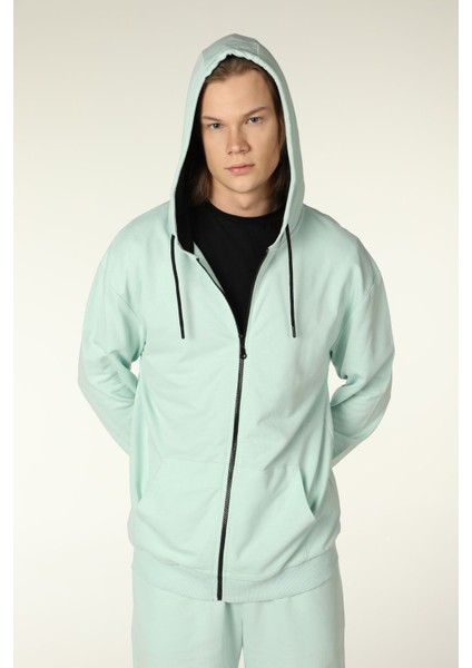 Erkek Kapüşonlu Fermuarlı Oversize Kalıp Sweatshirt Su Yeşili fiyatları