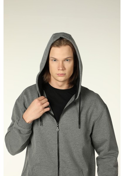 Erkek Kapüşonlu Fermuarlı Oversize Kalıp Sweatshirt Koyu Gri Melanj modelleri