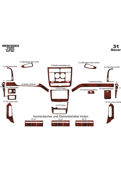 Meriç® Mercedes Viano Manuel Vites Ön Torpido Kaplama Maun 31 Parça 2006-›