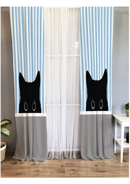 Kedi Desenli Çocuk Odası Fon Perde