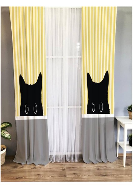Kedi Desenli Çocuk Odası Fon Perde