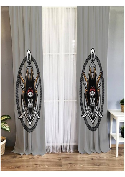 Gemi Dümeni ve Iskelet Desenli Çocuk Odası Fon Perde