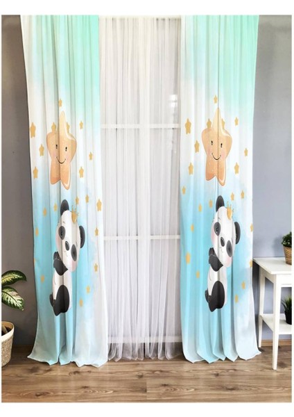 Panda Desenli Çocuk Odası Fon Perde