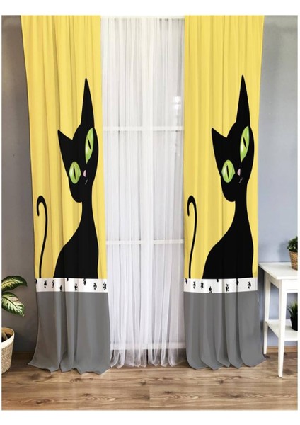 Kedi Desenli Çocuk Odası Fon Perde