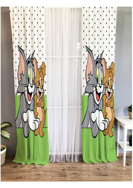 Kedi ve Fare Desenli Çocuk Odası Fon Perde