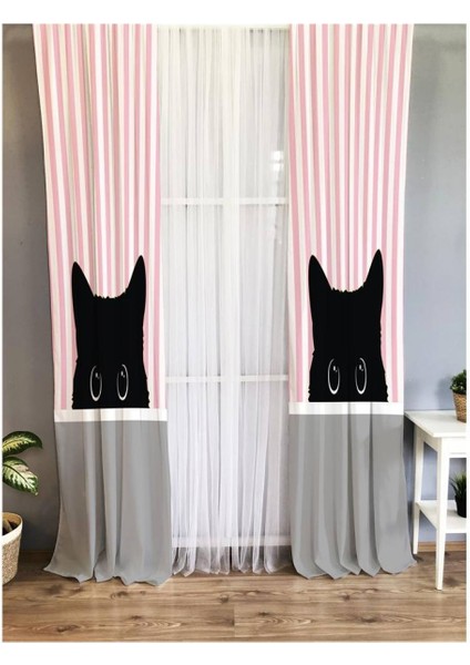 Kedi Desenli Çocuk Odası Fon Perde